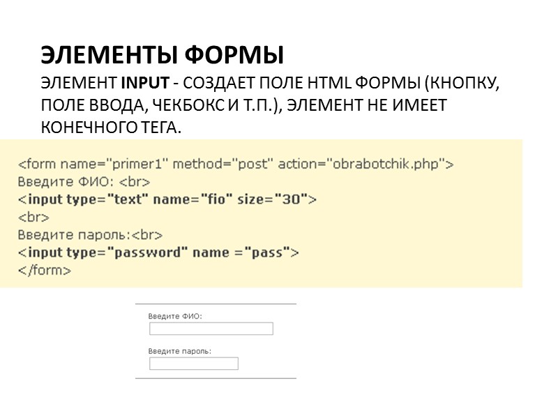 >Элементы Формы Элемент INPUT - создает поле html формы (кнопку, поле ввода, чекбокс и